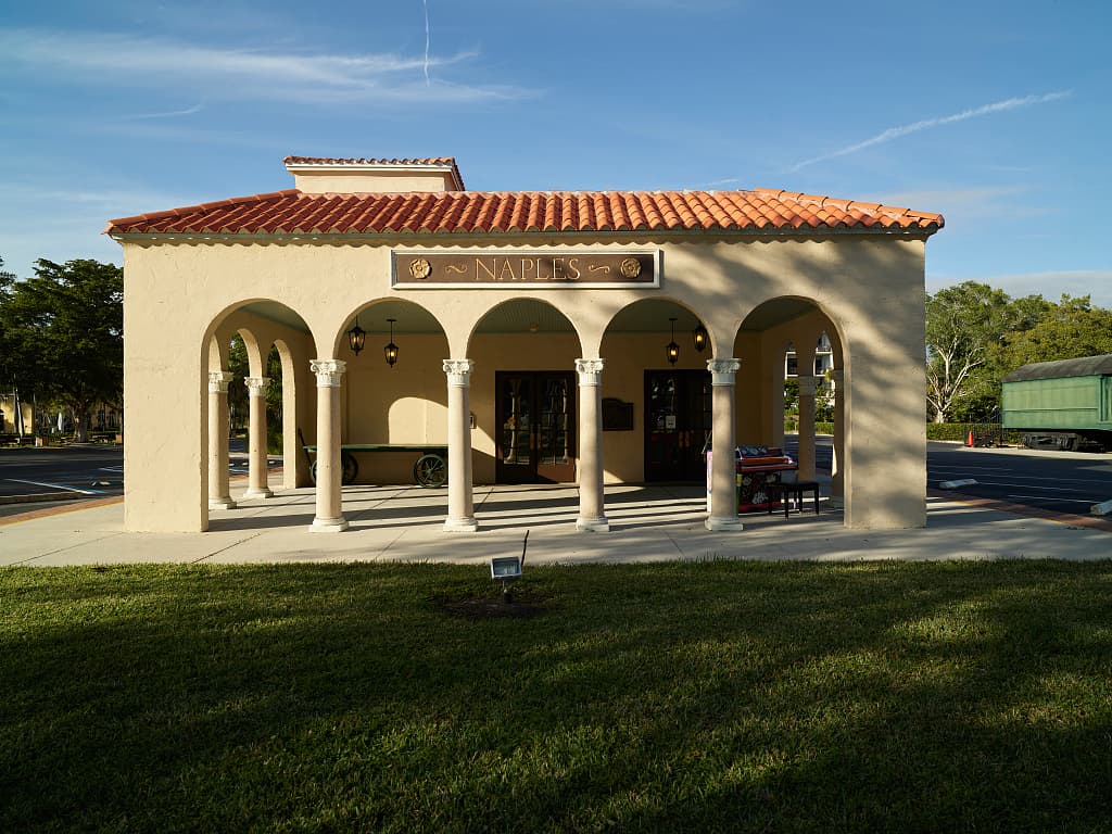 The arcaded 1926 Naples, Florida train depot, a Mediterranean-revival civic building that is now a museum